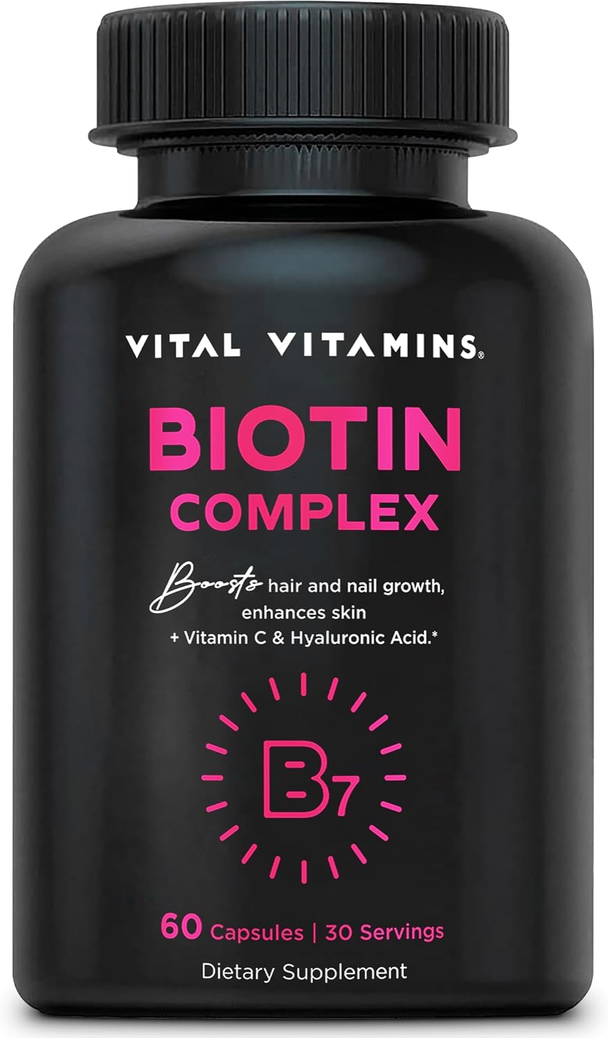 Vital Vitamins Biotin Complex Pills - with Hyaluronic Acid, MSM, Collagen, & Vitamin C - Supplement for Hair, Skin, & Nails - 60 Capsules - görsel 1