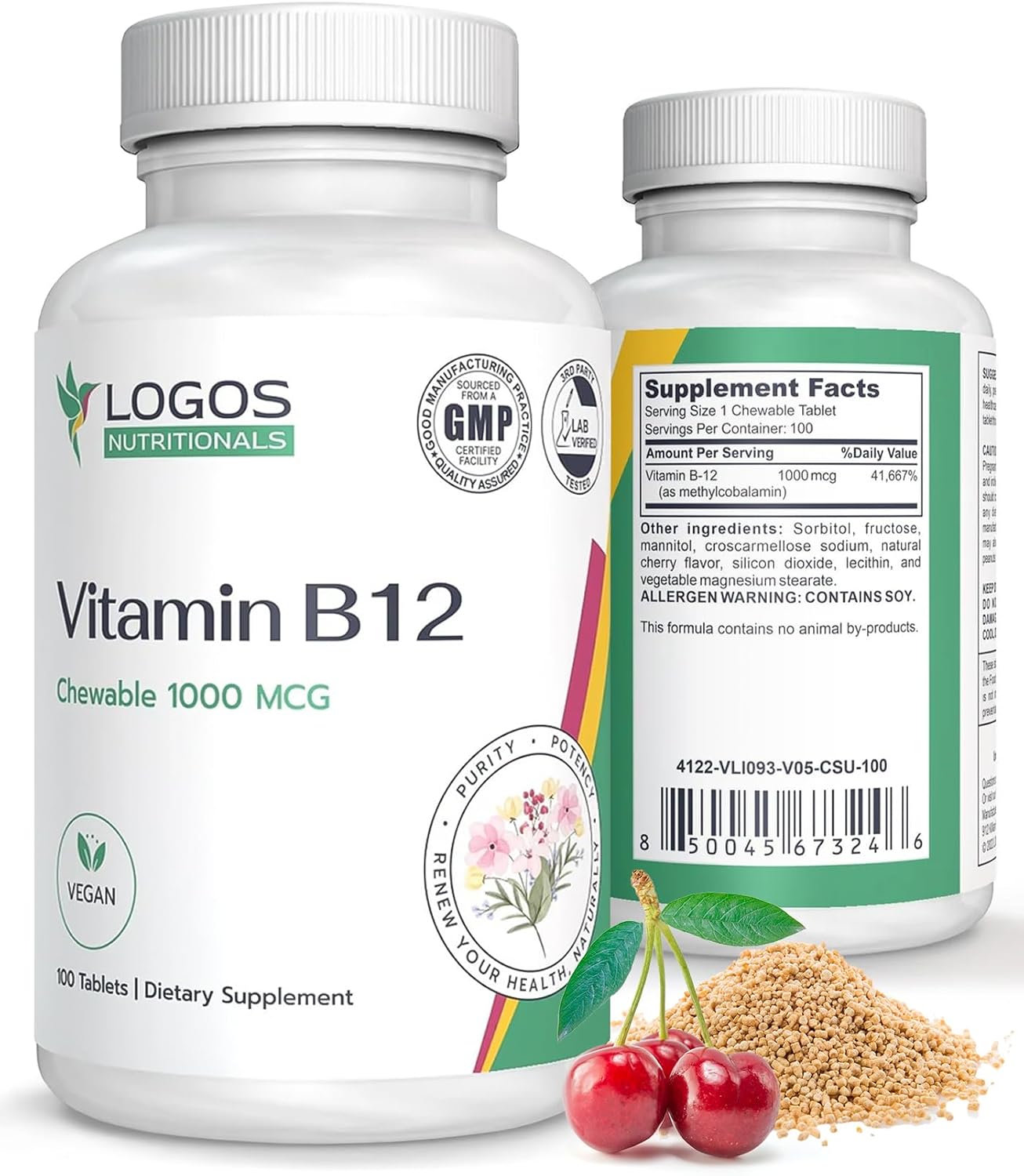 logos nutritionals Chewable Vitamin B12 1000 mcg - Methylcobalamin Supplement for Energy, Cognitive Function, Hair, Skin & Nails - Cherry Flavour - 100 Tablets - görsel 1