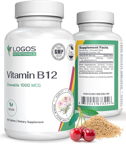 logos nutritionals Chewable Vitamin B12 1000 mcg - Methylcobalamin Supplement for Energy, Cognitive Function, Hair, Skin & Nails - Cherry Flavour - 100 Tablets