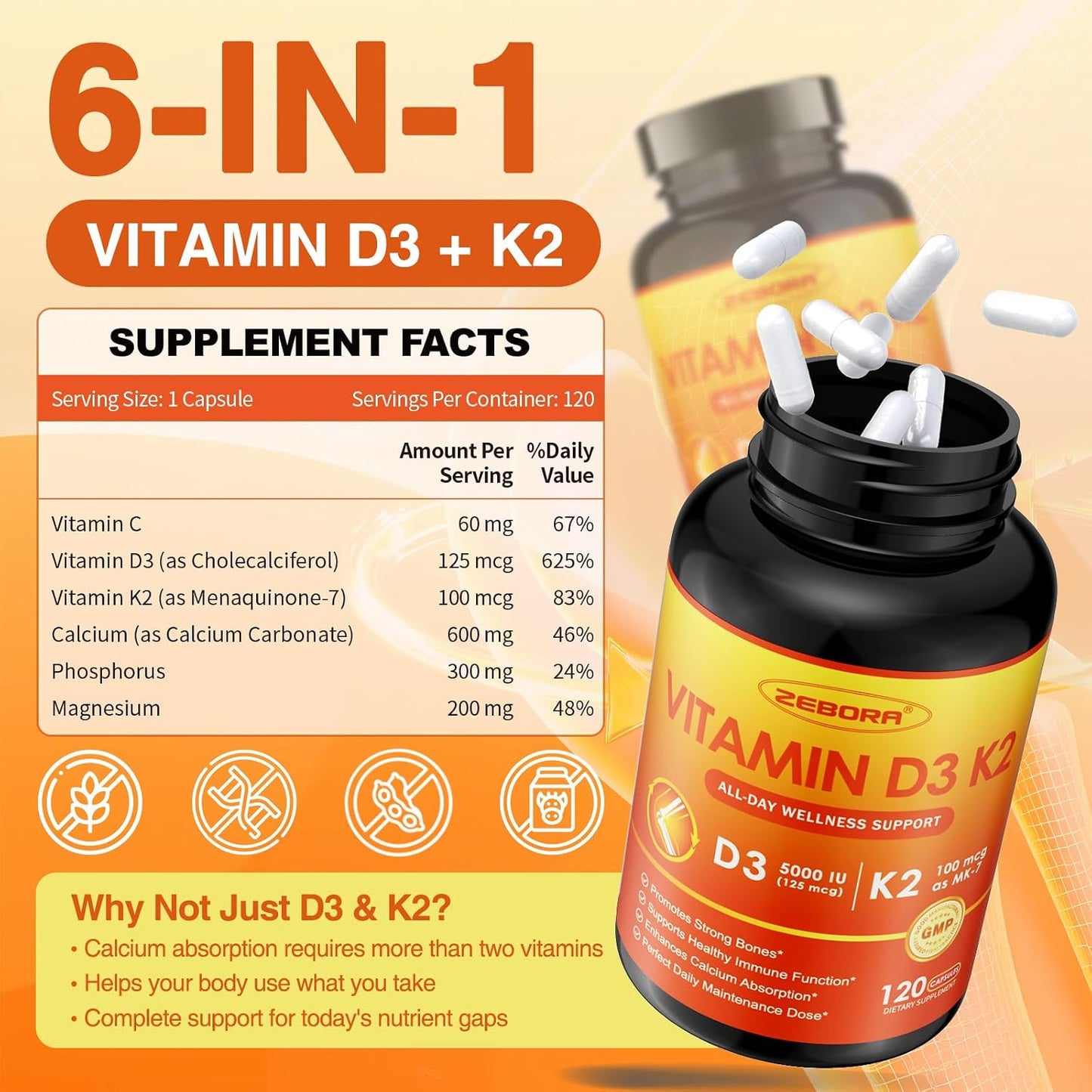 ZEBORA Vitamin D3 K2 5000 IU, 6-in-1 Supplement for Bone & Immune Support, with Magnesium, Calcium, Phosphorus & Vitamin C, 120 Capsules - görsel 2