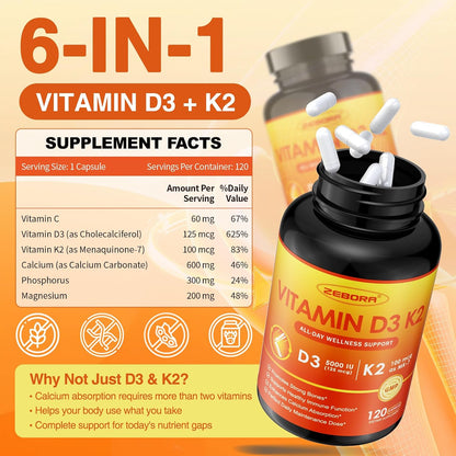 ZEBORA Vitamin D3 K2 5000 IU, 6-in-1 Supplement for Bone & Immune Support, with Magnesium, Calcium, Phosphorus & Vitamin C, 120 Capsules