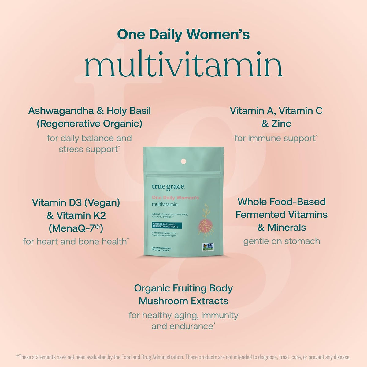 True Grace One Daily Women’s Multivitamin - Fermented Minerals, Organic Adaptogens & Mushrooms - Whole Body Balance, Immune, Energy, Beauty Support - 90 Vegan Tablets - görsel 3