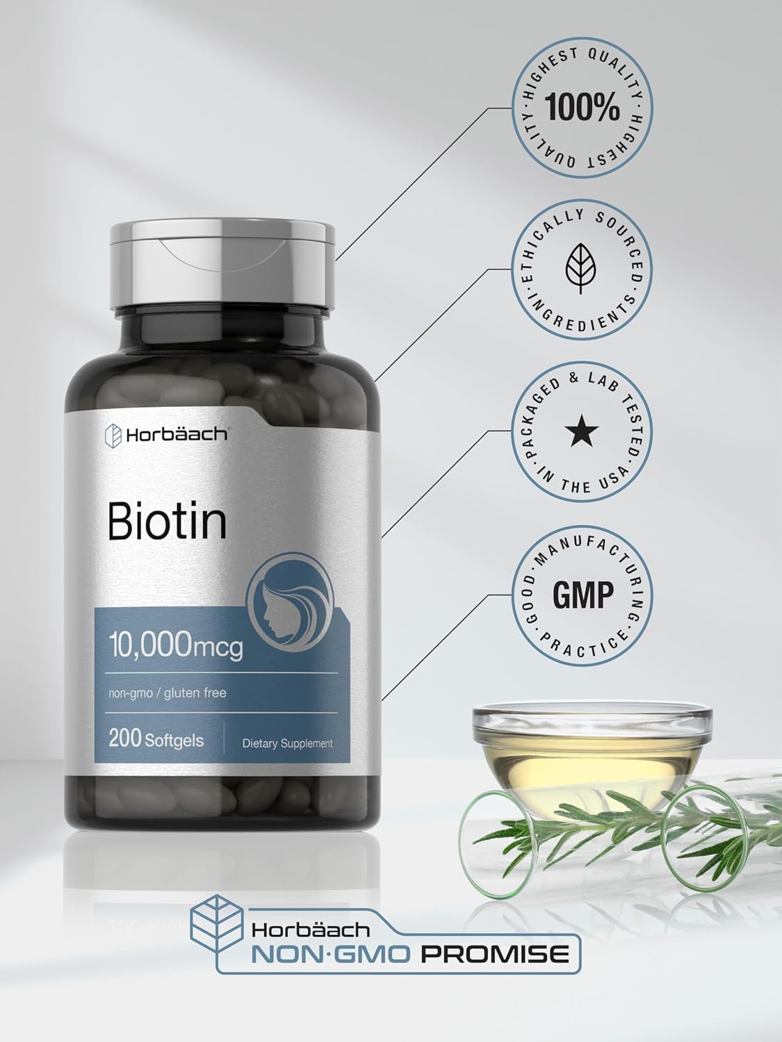 Horbäach Biotin 10,000 mcg - 200 Soft gel capsule Capsules - Vitamin B7 Supplement - görsel 6