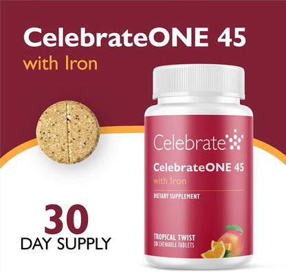 CelebrateONE 45 Bariatric Multivitamin with Iron, Once Daily Tropical Twist Flavour Chewable – 30 Tablets