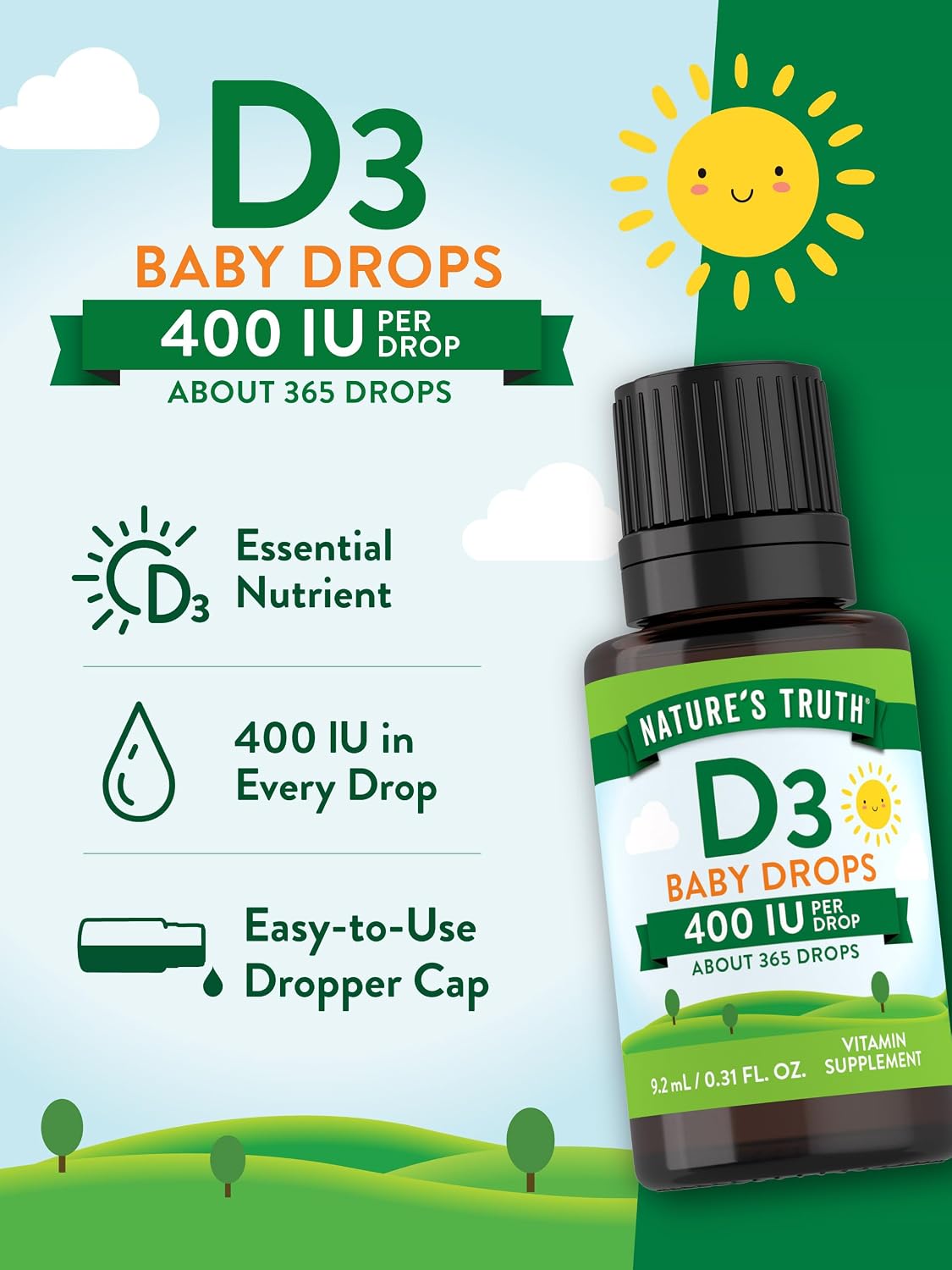 Nature's Truth Vitamin D Drops for Infants | 400 IU | 9.2 mL | D3 for Children | Vegetarian, Non-GMO & Gluten-free - görsel 5