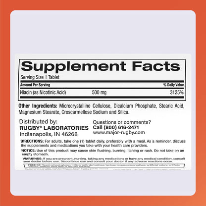 Rugby Niacin 500mg - Vitamin B3 Supplement, 1000 Tablets (2-Pack)