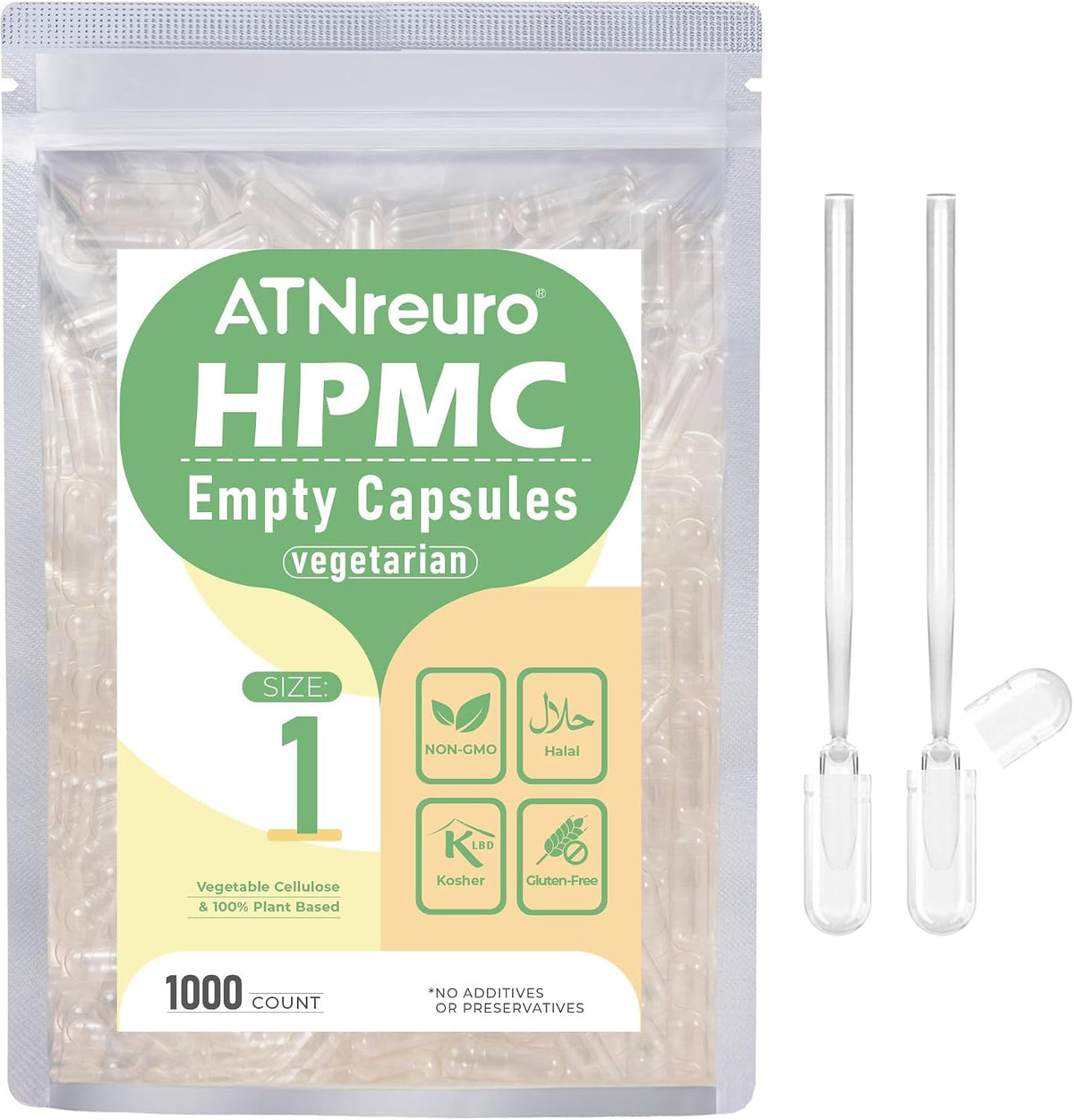 ATNreuro Size 1 Empty Vegan Capsule with 2 Micro Spoons - 100 Count Vegetarian Capsules - Empty Pill Capsules for Powders Supplements - görsel 10