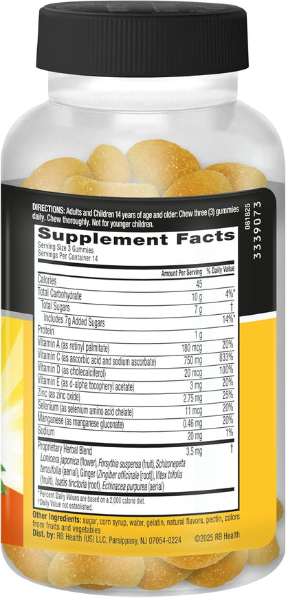 Airborne Immune Support Gummies, Zesty Orange Flavour, 42 ct - 750 mg Vitamin C + Vitamins A, D & E + Zinc, Selenium, and Manganese | with Herbal Blend | Naturally Flavoured