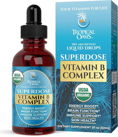 Superdose Organic Vitamin B Complex Liquid Drops - 125,000% NRV Vitamin B12, Energy Support, Organic, Vegan, Non-GMO, 60 Servings