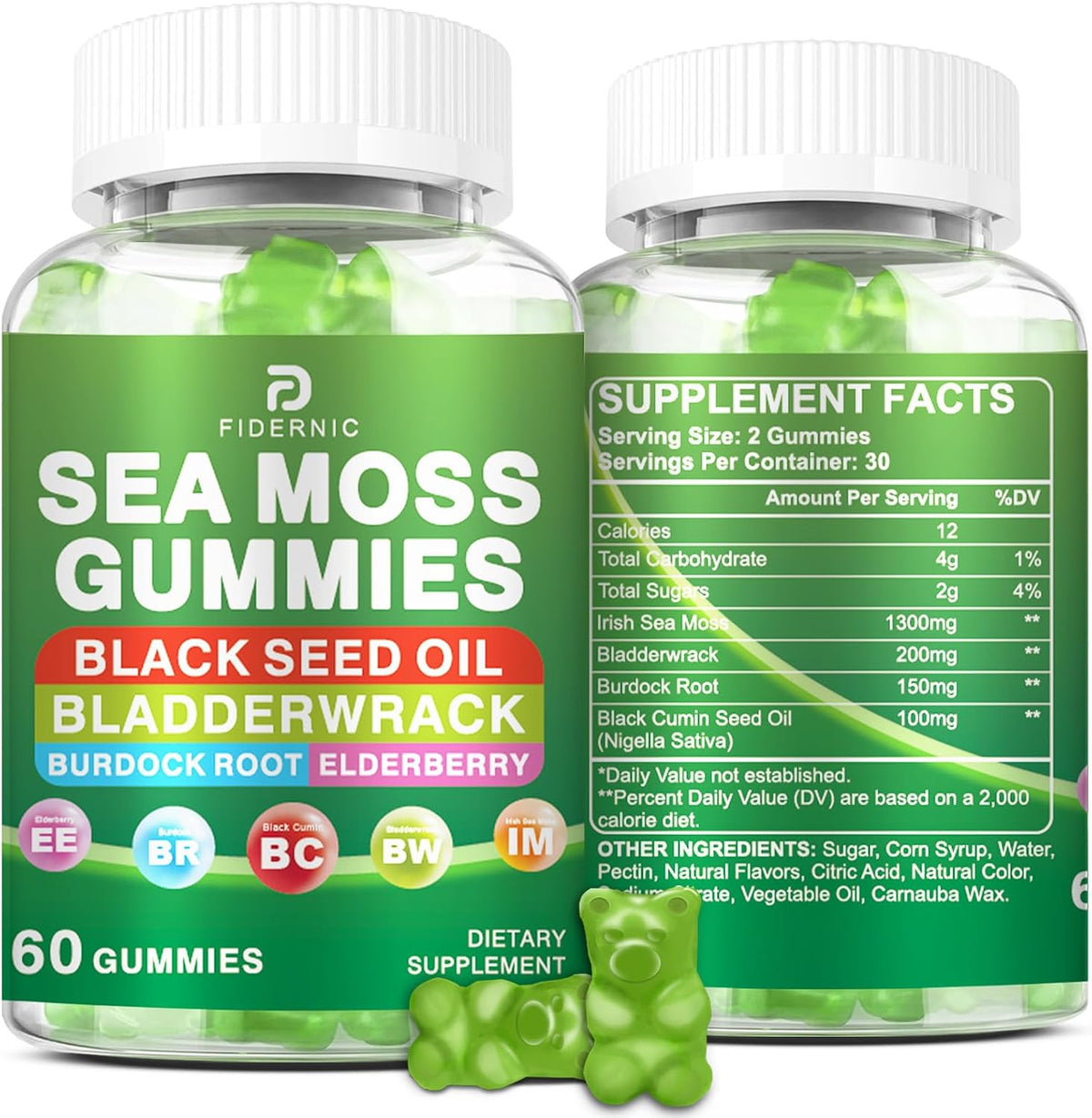 Sea Moss Gummies – Irish Sea Moss with Elderberry & Black Seed Oil, Bladderwrack, Burdock Root – Immune Health Support – Vegan Green Apple Flavour – 120 Gummies - görsel 8