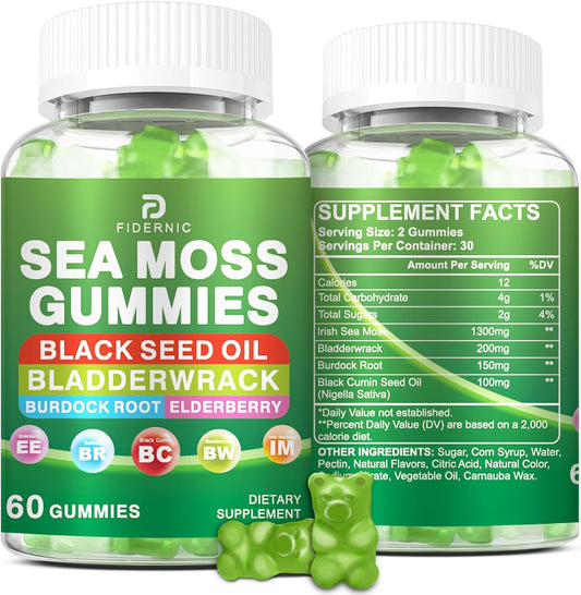 Sea Moss Gummies – Irish Sea Moss with Elderberry & Black Seed Oil, Bladderwrack, Burdock Root – Vegan Green Apple Flavour – 60 Gummies