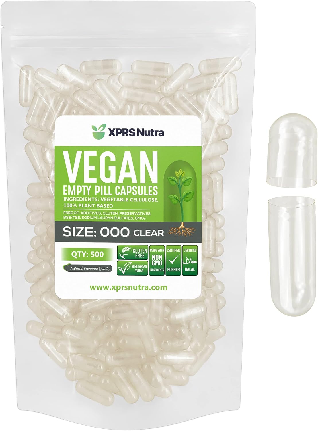 XPRS Nutra Vegan Size 000 Empty Capsules - 500 Count Clear Empty Vegan Vegetarian Capsules - görsel 1