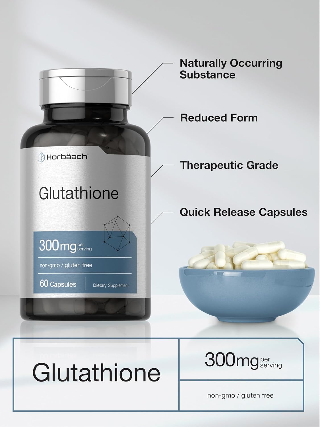 Horbäach Glutathione 300mg | 60 Capsules | Reduced Form | Non-GMO & Gluten-free Food Supplement - görsel 4