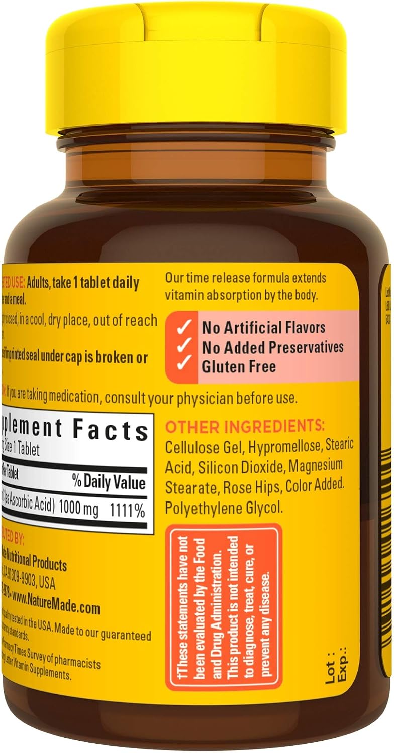 Nature Made Vitamin C 1000 mg Time Release Tablets with Rose Hips, 60 Tablets (Packaging May Vary) - görsel 10