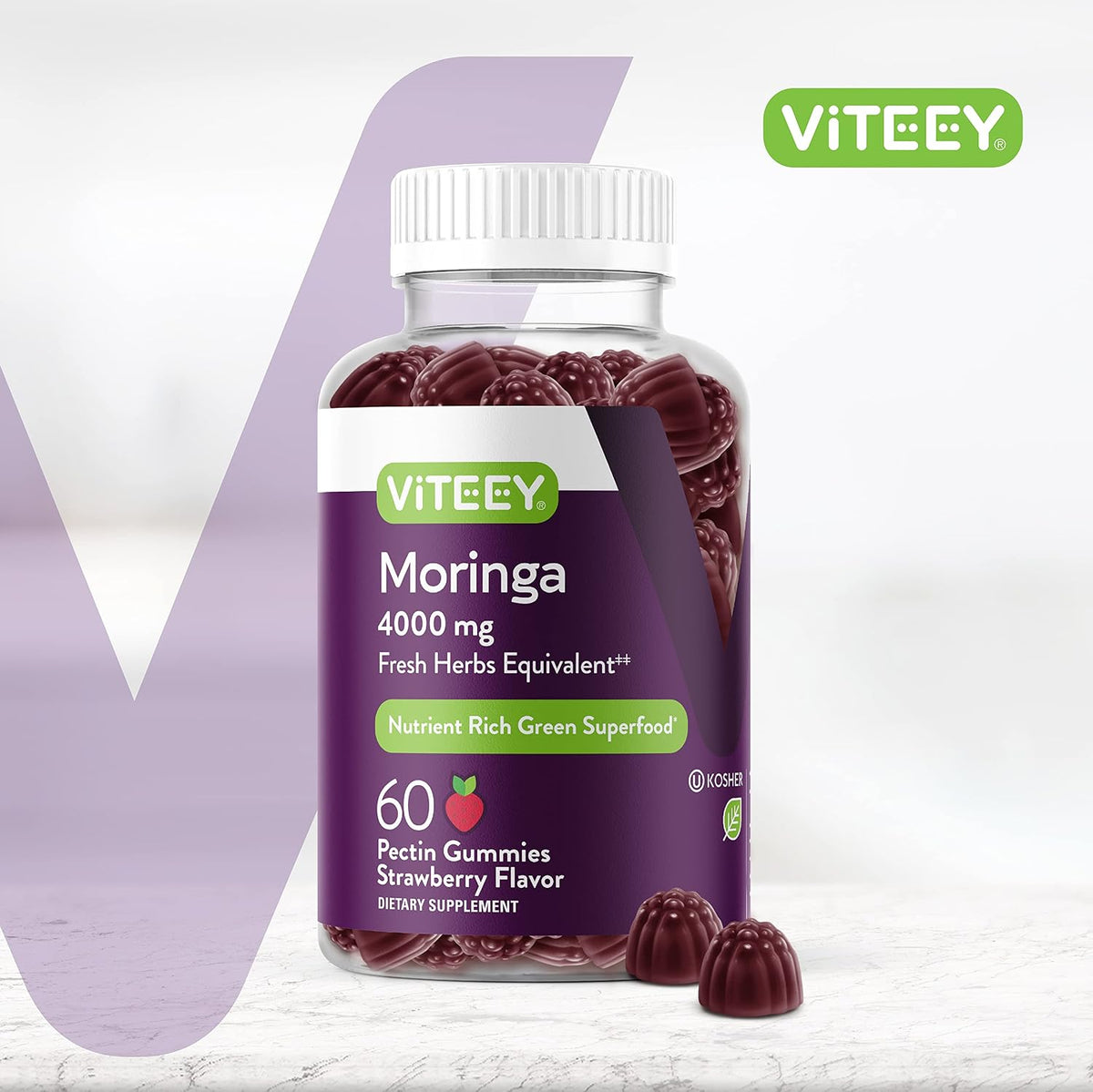 Viteey Moringa Gummies - 4000mg [from 400mg 10:1 Extract] - Strawberry Flavour - 60 Count - görsel 2