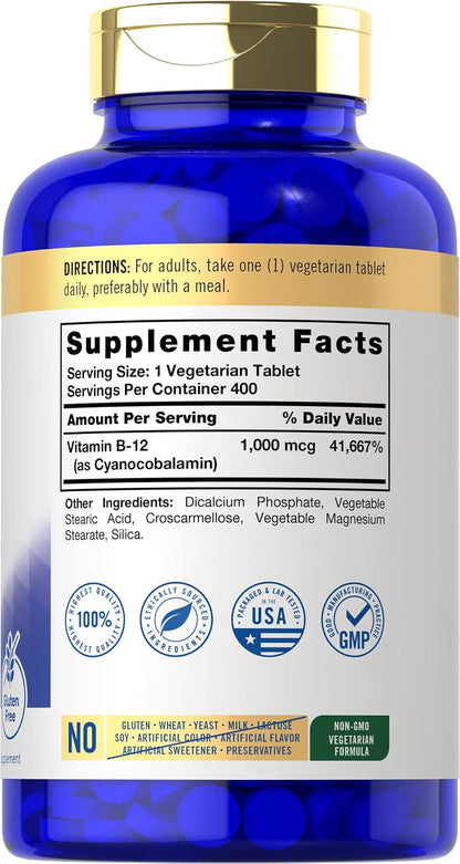 Carlyle Vitamin B12 1000 mcg | 400 Tablets | Vegetarian, Non-GMO, Gluten-Free Food Supplement