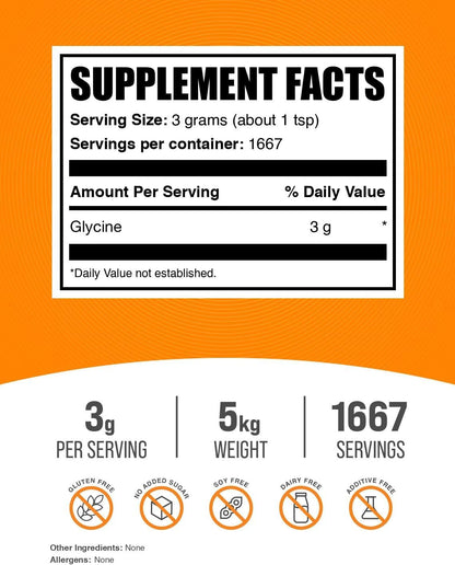 BulkSupplements.com Glycine Powder – Amino Acid Supplement for Liver & Immune Support, Unflavoured, Gluten-free, 5 Kilograms (11 lbs)