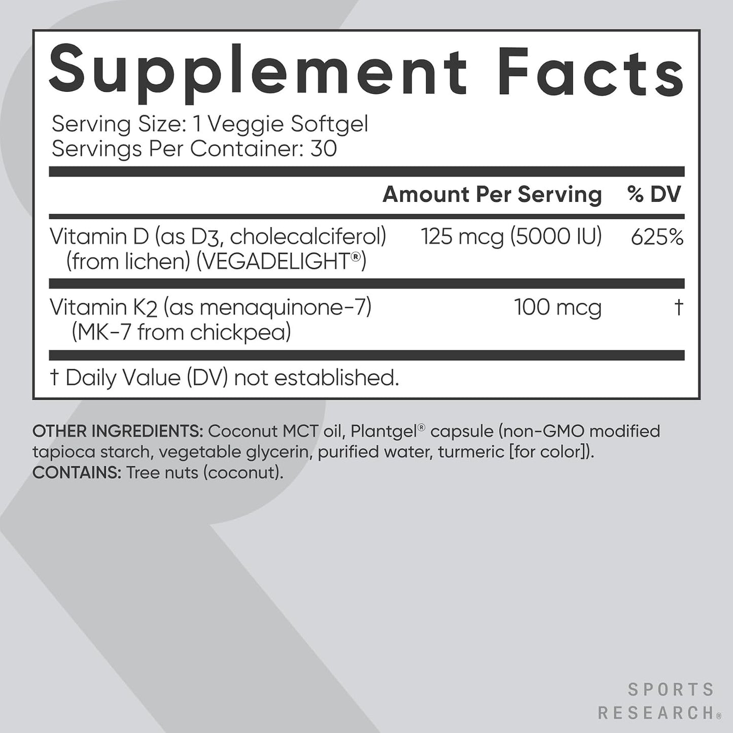 Sports Research Vitamin D3 + K2 with Coconut Oil - Vegan 5000 IU D3 & 100 mcg K2 MK-7 - 30 Soft gel capsule Capsules - görsel 5