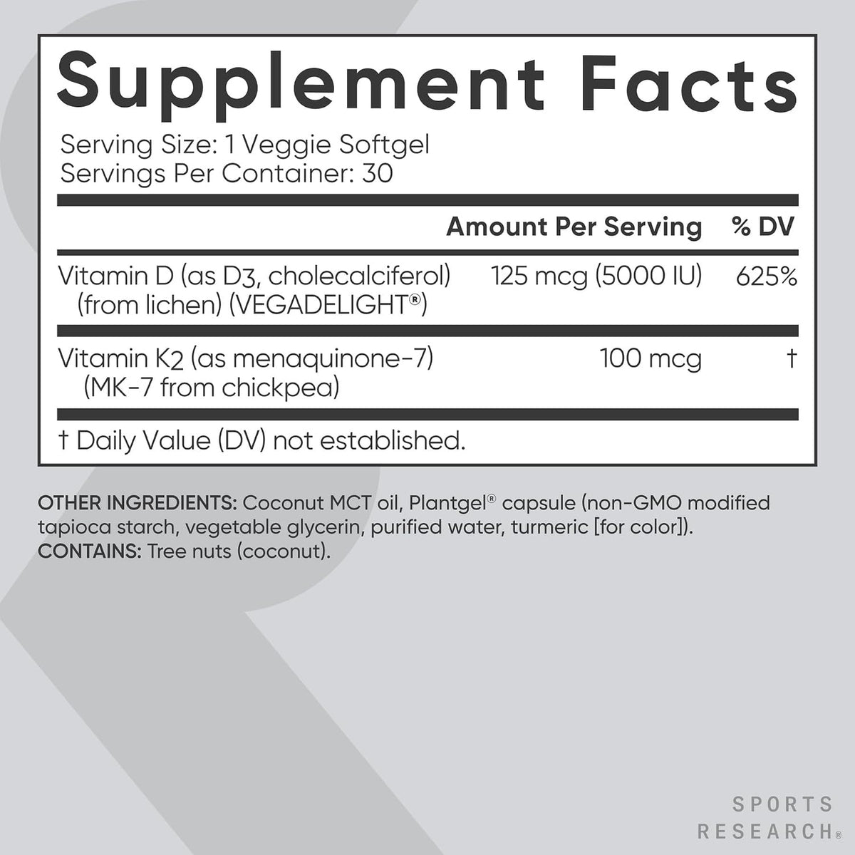 Sports Research Vitamin D3 + K2 with Coconut Oil - Vegan 5000 IU D3 & 100 mcg K2 MK-7 - 30 Soft gel capsule Capsules - görsel 5