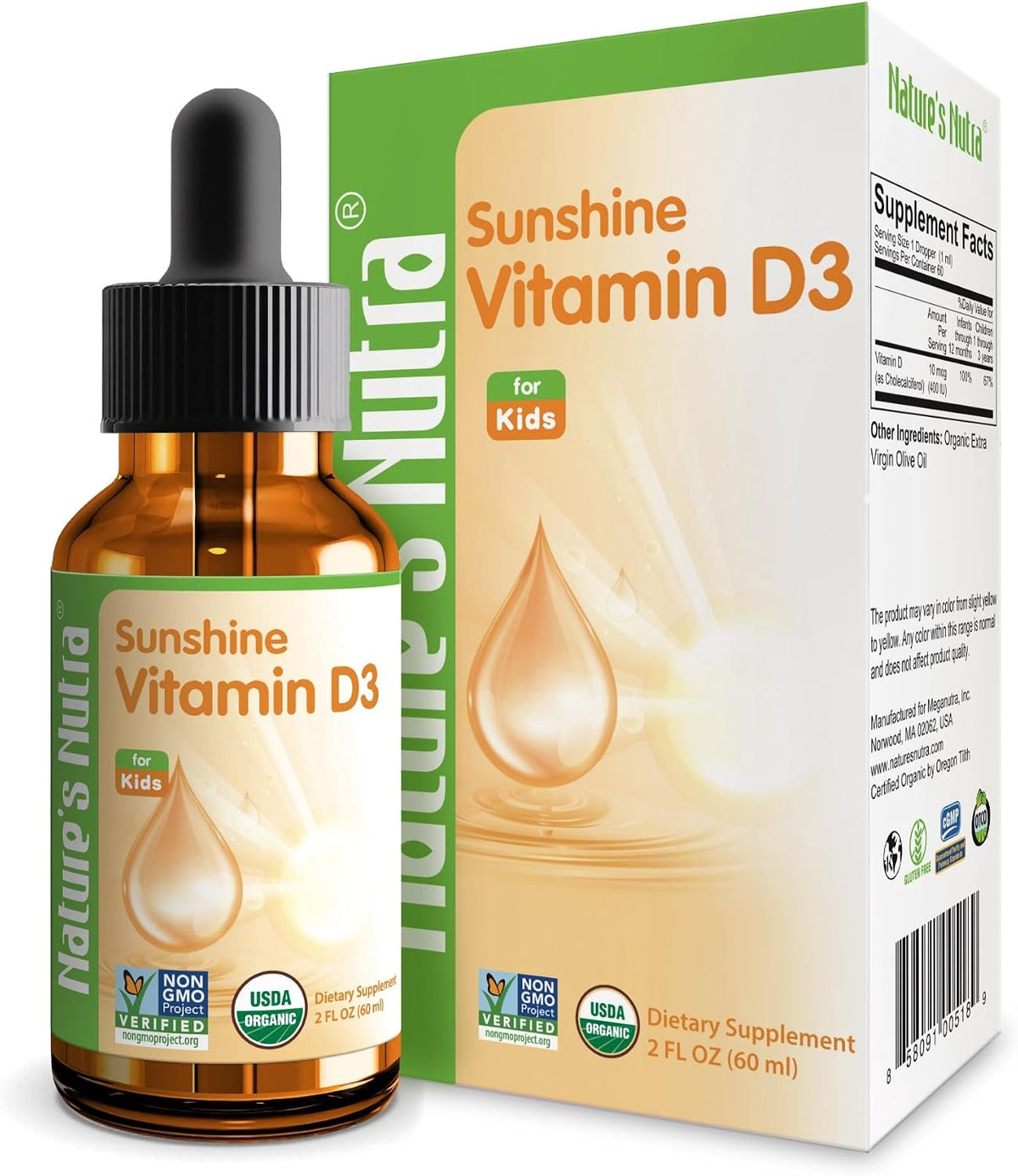 Nature's Nutra Sunshine Vitamin D3 400 IU Liquid Drops for Infants & Kids - Non-GMO, Plant Extract - görsel 1