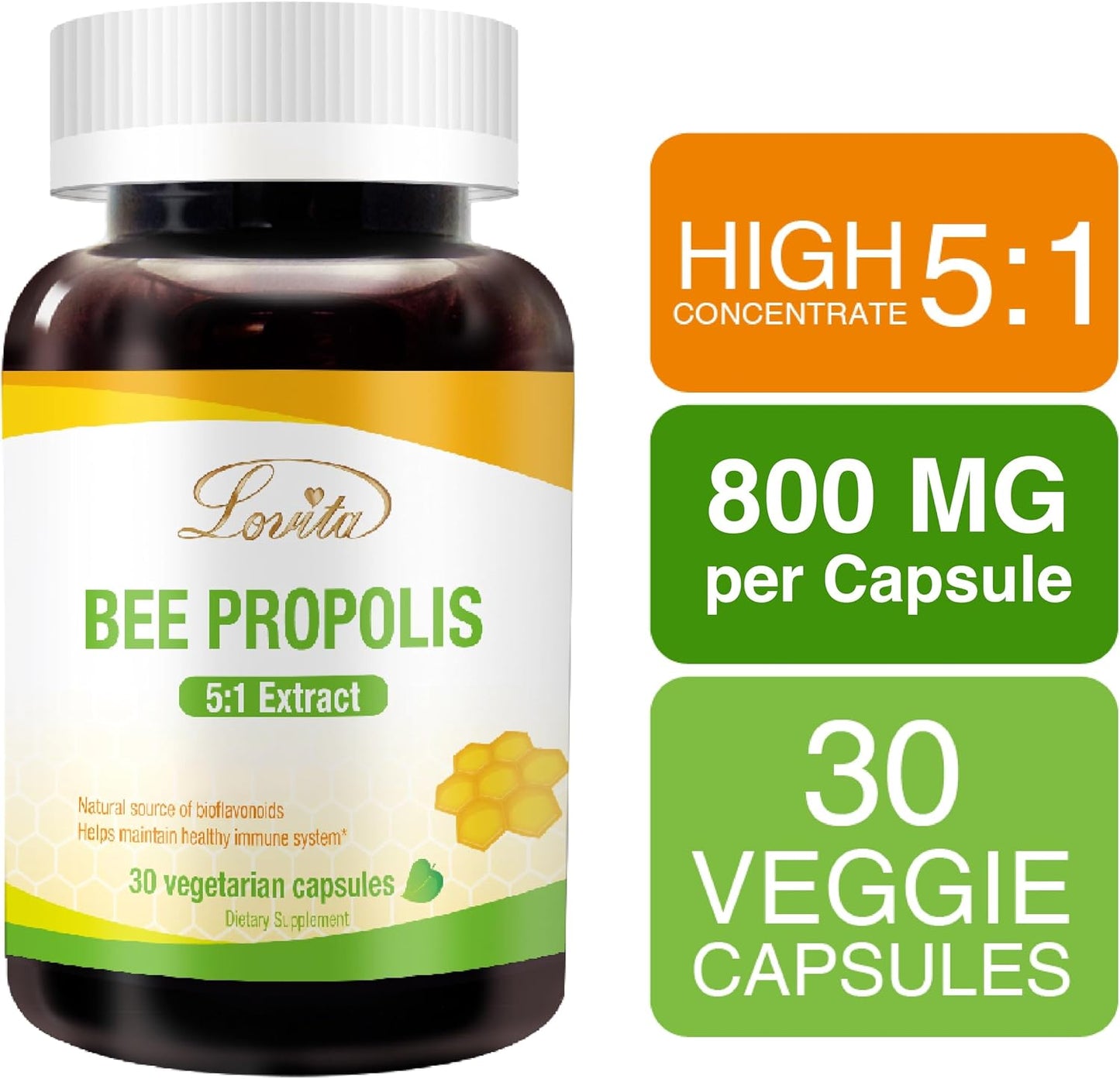 Lovita Propolis Capsules | 800mg, 5:1 Concentration | Natural Bee Propolis Extract | 30 Vegetarian Bee Propolis Capsules (Pack of 3 – 3 Months’ Supply) - görsel 2