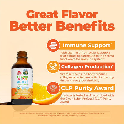 MaryRuth's Organic Children's Vitamin C Drops – Vegan Vitamin C Immune Support Supplement for Ages 4-13 | Immune Support & Overall Health | Vitamin C from Organic Acerola Fruit Extract | 60ml