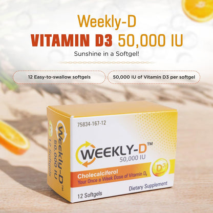 Nivagen Weekly-D Vitamin D3 50,000 IU - Once-Weekly High Potency Softgels - 12 Capsules