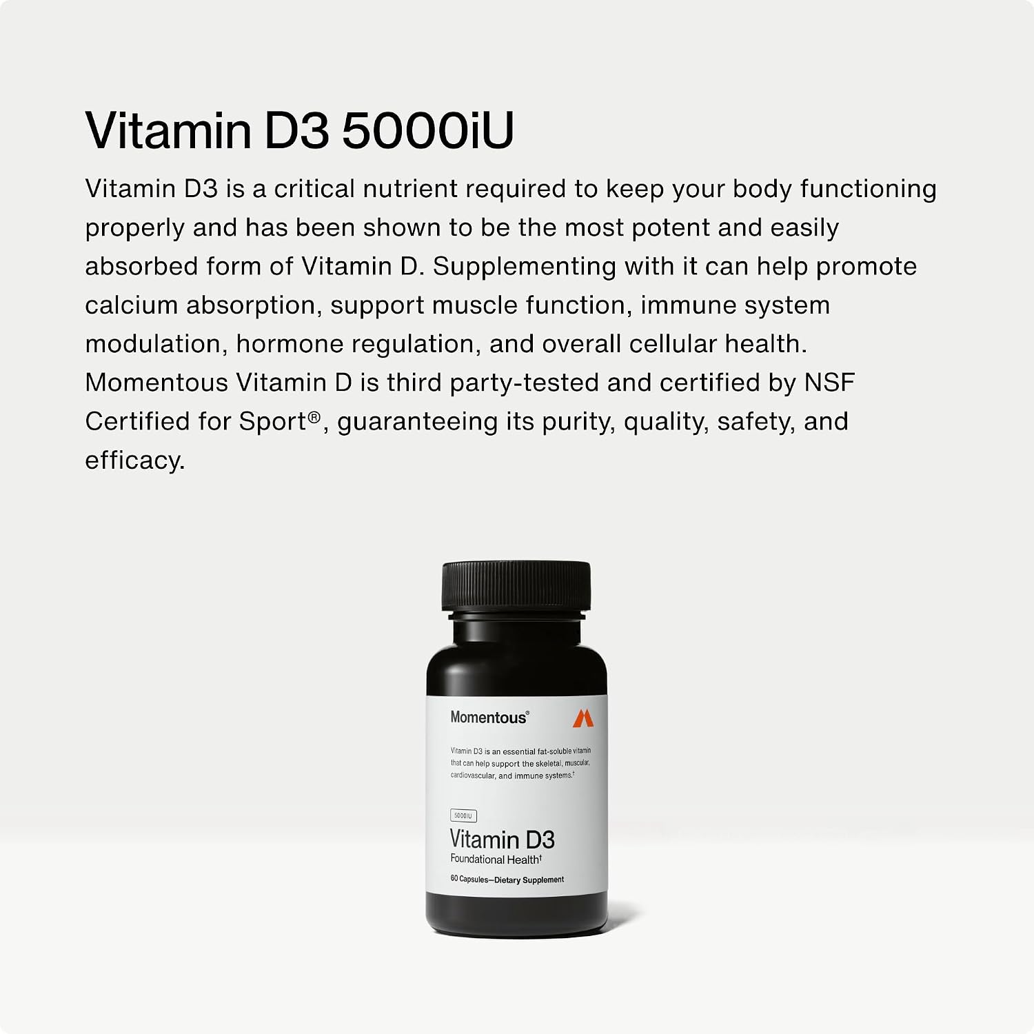 Momentous Vitamin D3 Supplement - 5,000 IU - NSF Certified for Sport - Gluten-free - 60 Capsules - görsel 3