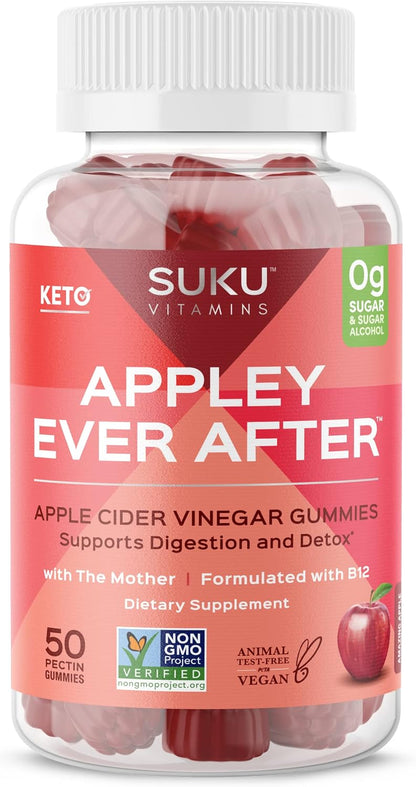 SUKU Appley Ever After Gummies – Apple Cider Vinegar with Methylated B12 & Folate – Sugar-Free, Vegan, Gluten-Free – 50 Gummies