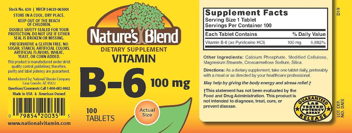 Nature's Blend Vitamin B-6, 100 mg, 100 Tablets - görsel 2