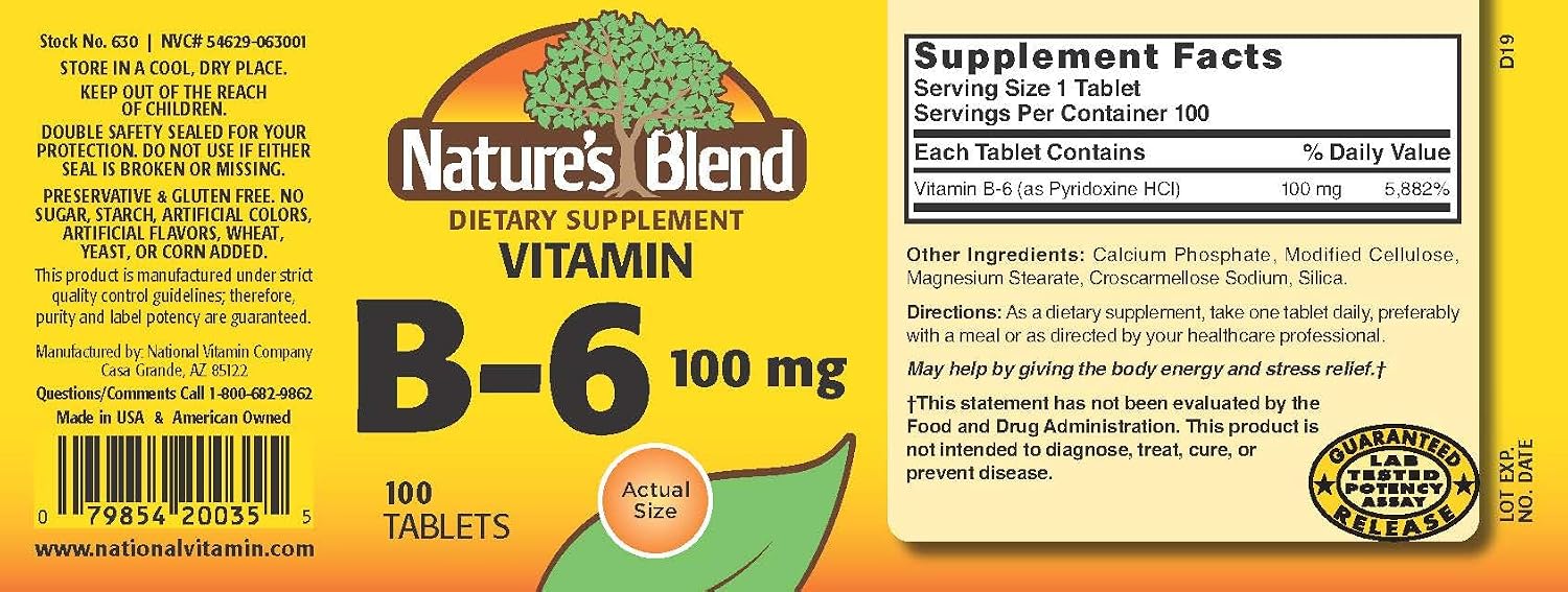 Nature's Blend Vitamin B-6, 100 mg, 100 Tablets - görsel 2