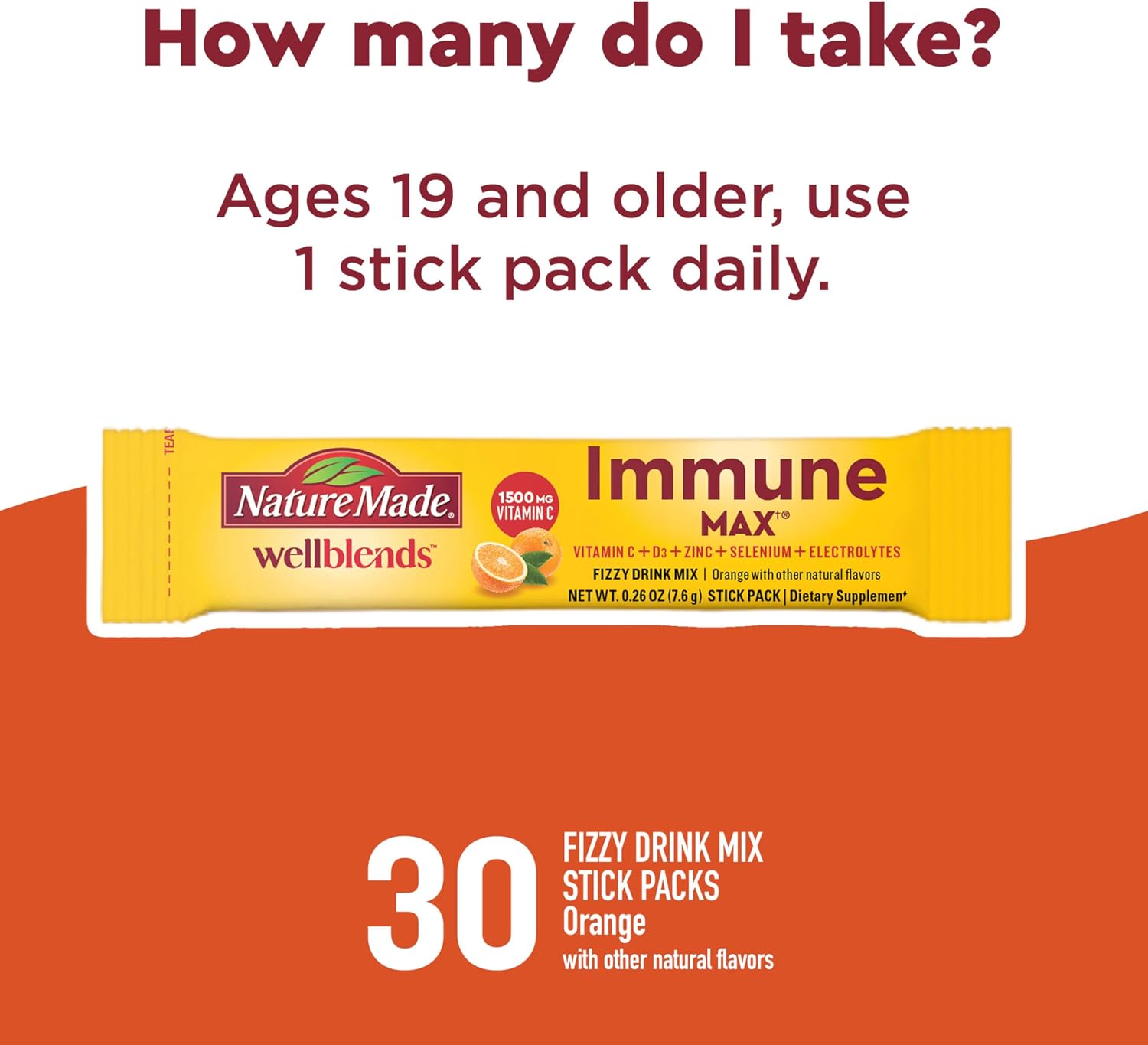 Nature Made Wellblends ImmuneMAX Fizzy Drink, Vitamin C 1500mg with Zinc 15mg, Vitamin D, Selenium, B Vitamins & Electrolyte Hydration Blend, 30 Sachets, Orange - görsel 5