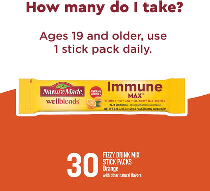 Nature Made Wellblends ImmuneMAX Fizzy Drink, Vitamin C 1500mg with Zinc 15mg, Vitamin D, Selenium, B Vitamins & Electrolyte Hydration Blend, 30 Sachets, Orange