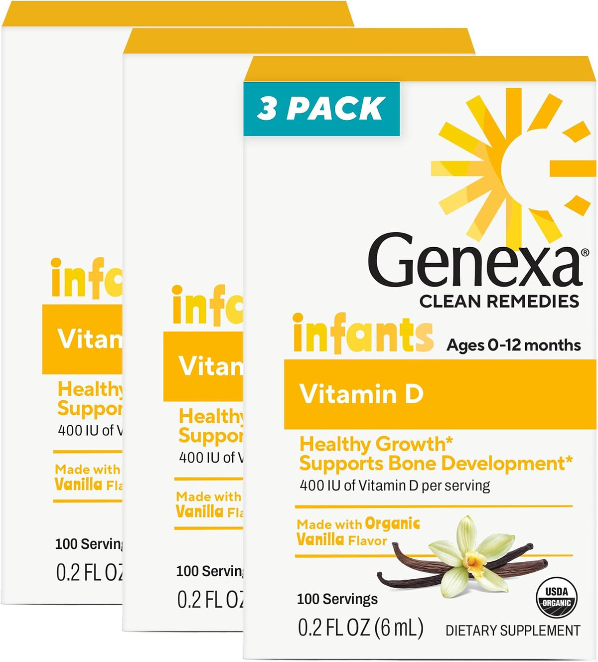 Genexa Infants Vitamin D Liquid Drops for Newborn, Baby & Toddler – Organic Vanilla – 270 Servings (3 Pack) - görsel 1