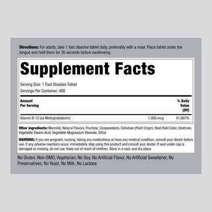 Piping Rock Vitamin B12 Sublingual Tablets - 1000 mcg Methylcobalamin, 400 Tablets, Berry Flavour