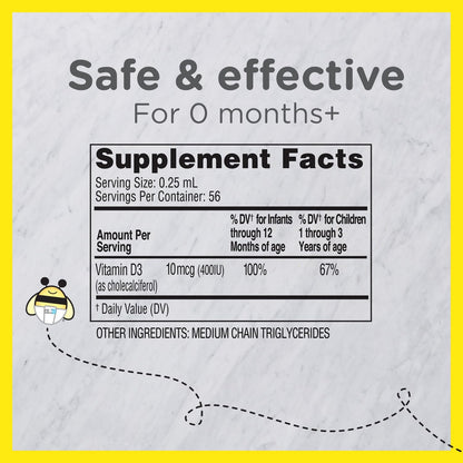 Zarbee's Vitamin D Drops for Infants, 400IU (10mcg) Baby & Toddler Liquid Supplement, New-born & Up, Dropper Syringe Included, Pack of 2 0.47 Fl Oz Bottles