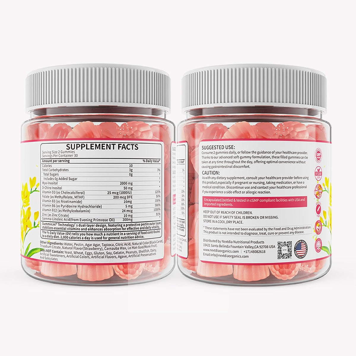 Nextdia Inositol Gummies with Evening Primrose Oil for Women - 40:1 Ratio Myo-Inositol 2000mg & D-Chiro Inositol 50mg with Vitamin D3, B6, B12 & Zinc, Sugar-Free, Vegan (60 Gummies) - görsel 9