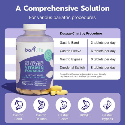 Bari Life Complete Bariatric Multivitamin Non-chewable Tablet with Calcium Citrate and Iron - 180 Tablets