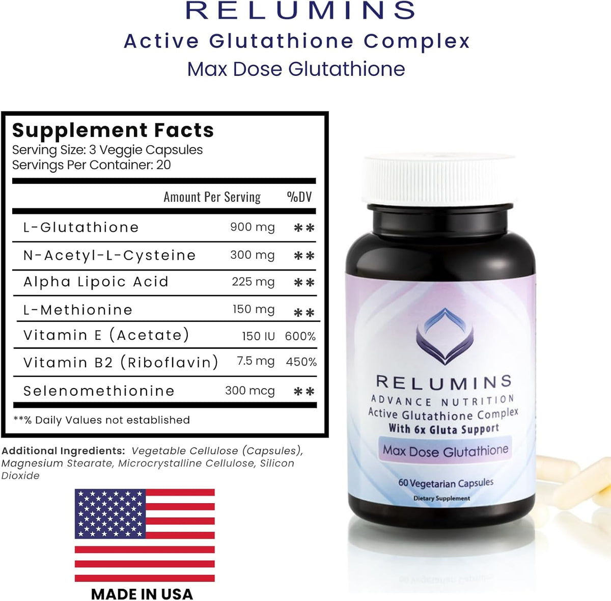 Relumins Advance White Active Glutathione Complex - Max Dose 900mg Glutathione with 6X Boosters, ALA & NAC - 60 Capsules (30 Servings) - görsel 8