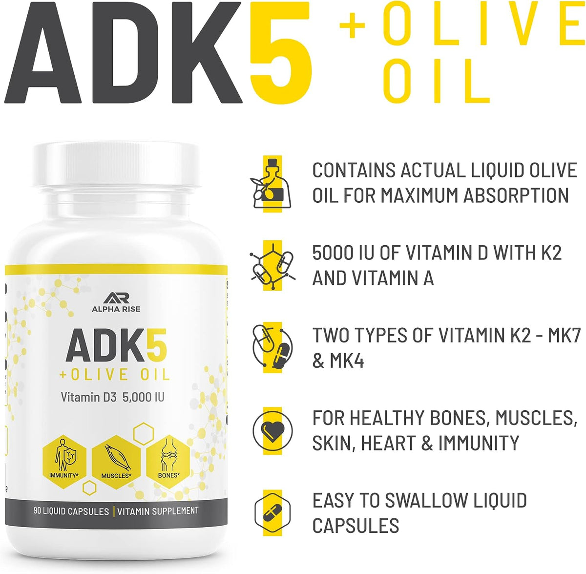ALPHA RISE ADK Vitamin Supplement - 5000 IU Vitamin D3 + K2 (MK7 & MK4) with Olive Oil - 90 Liquid Capsules - Non-GMO, Vegetarian - görsel 2