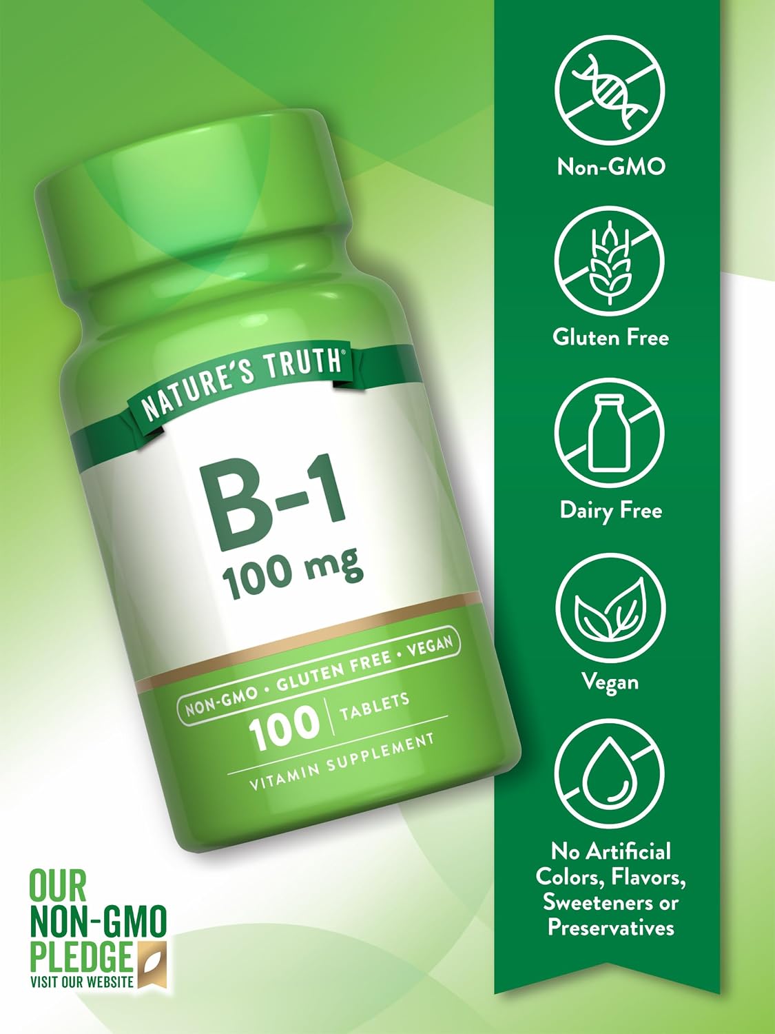 Nature's Truth Vitamin B1 100mg (Thiamine) - 100 Tablets - Vegan, Non-GMO & Gluten-free Food Supplement - görsel 3