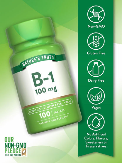 Nature's Truth Vitamin B1 100mg (Thiamine) - 100 Tablets - Vegan, Non-GMO & Gluten-free Food Supplement