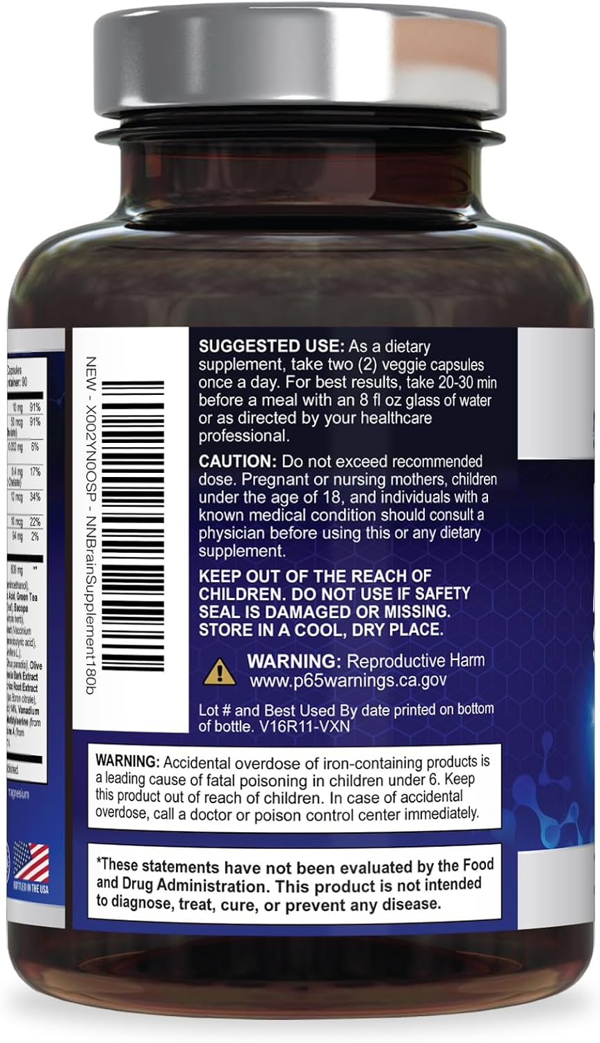 Nature's Nutrition Brain Memory Supplement - 3X Strength Nootropics for Focus, Clarity & Memory, 180 Capsules - görsel 8