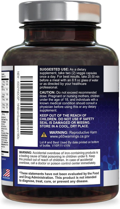 Nature's Nutrition Brain Memory Supplement - 3X Strength Nootropics for Focus, Clarity & Memory, 180 Capsules