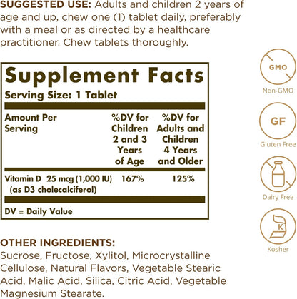 Solgar Vitamin D3 (Cholecalciferol) 25 mcg (1000 IU) Chewable Tablets, Natural Strawberry & Banana - 100 Tablets