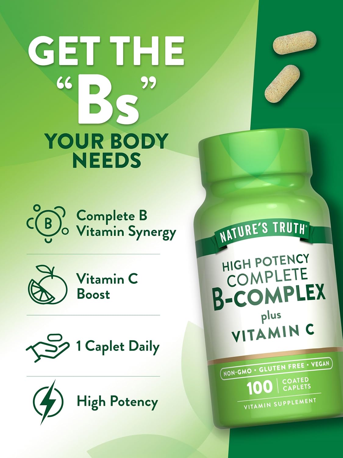 Nature's Truth Vitamin B Complex Plus Vitamin C | 100 Tablets | Vegan, Non-GMO & Gluten-free Supplement - görsel 5