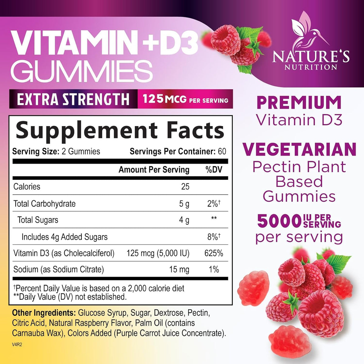 Nature's Nutrition Vitamin D3 Gummies - 5000 IU, 120 Count - Bone and Immune Support - görsel 2