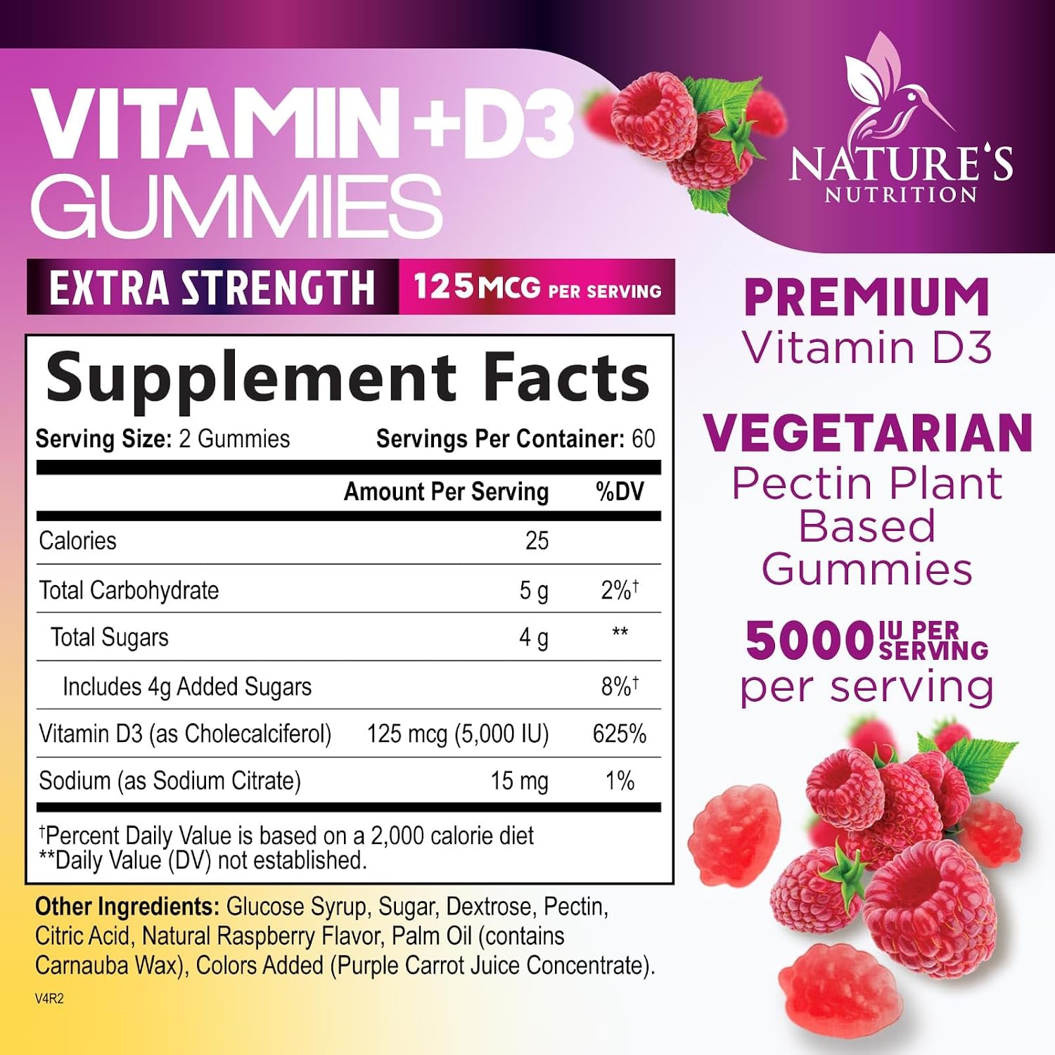 Nature's Nutrition Vitamin D3 Gummies - 5000 IU, 120 Count - Bone and Immune Support - görsel 2