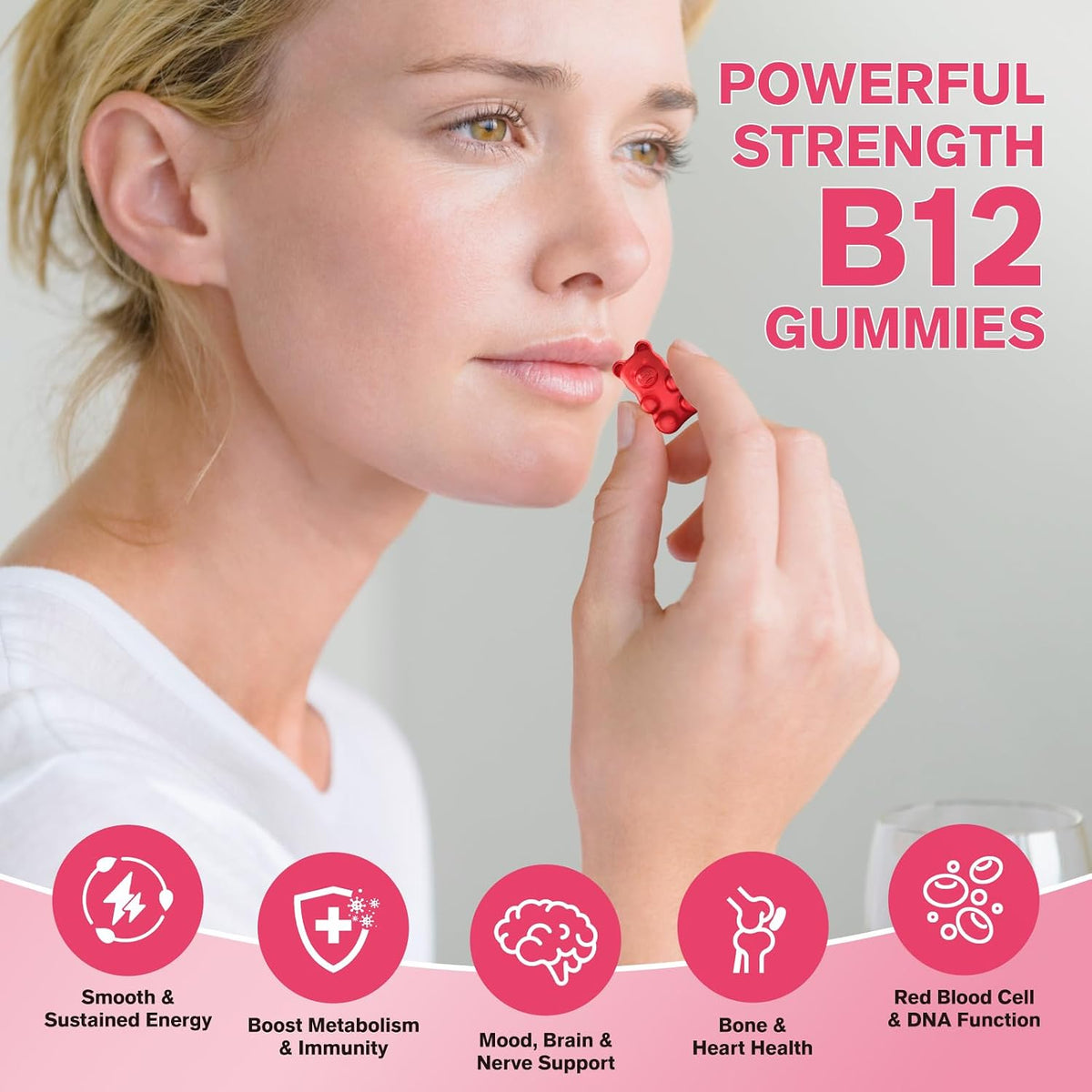 Vitamin B12 Gummies with Methylcobalamin, B6, D3, Iron & Folate - 5000mcg - Sugar-free Strawberry - Vegan & Non-GMO - görsel 3