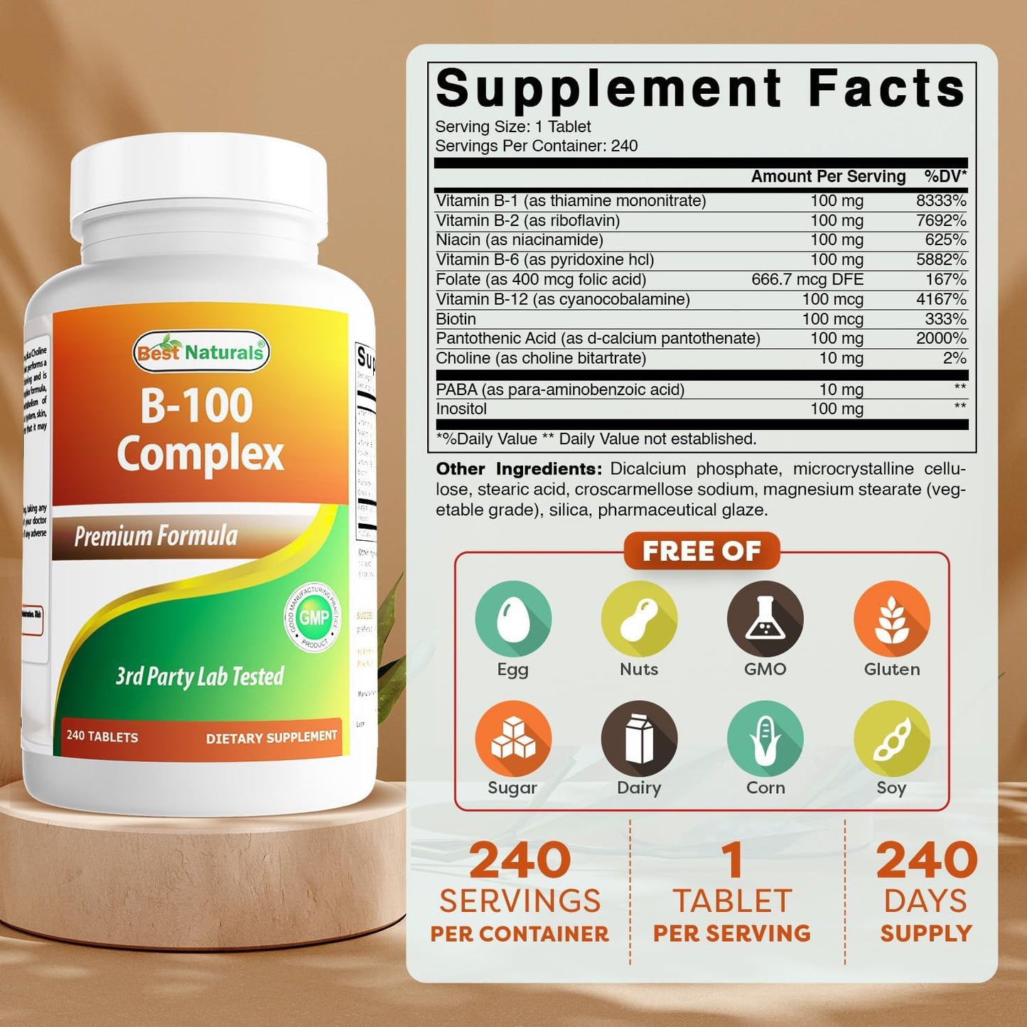 Best Naturals Vitamin B Complex with Inositol and PABA - 240 Tablets - görsel 3